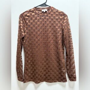 Tanz long-sleeve mock-neck sheer mesh top chocolate brown checkerboard Sz M